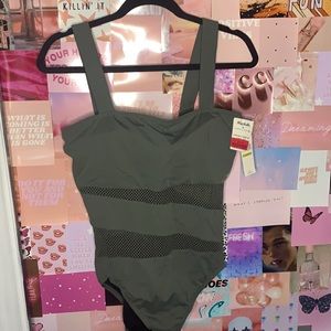 Green one piece striped mesh bathing suit
